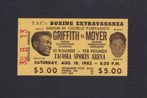 RARE 1962 CHAMPIONSHIP boxing ticket EMILE GRIFFITH DENNY MOYER ROUSE TACOMA WA Cover