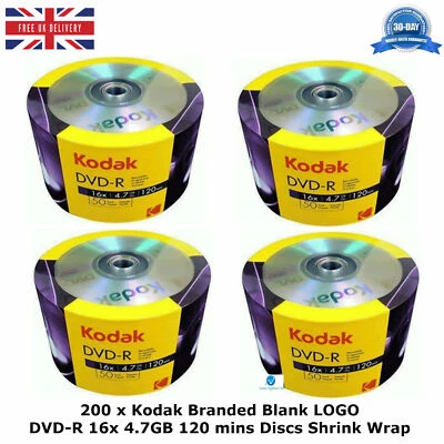 200 x Kodak Branded Blank LOGO DVD-R 16x Speed 4.7GB 120min Discs in Shrink Wrap - Image 1 of 4