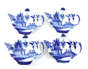 TEA BAG RESTS Tidy Set of 4 Teapot Shape Blue/White Porcelain Asian Scene - Picture 1 of 8