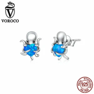 Authentic S925 Sterling Silver Octopus Blue Stud Ear Earrings For Women VOROCO - Picture 1 of 12