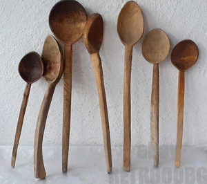 7 vecchi cucchiai lunghi fatti a mano in legno antichi primitivi, cucchiaio, 11 - 15" - Foto 1 di 12