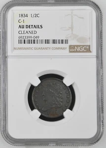 1834 Half Cent C-1 Classic Head Certified (NGC AU Details cleaned) 1/2C US Mint - Picture 1 of 2