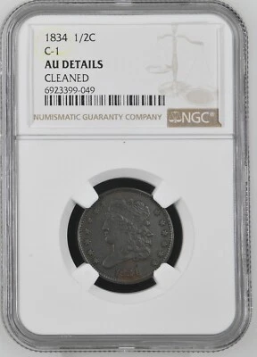 1834 Half Cent C-1 Classic Head Certified (NGC AU Details cleaned) 1/2C US Mint - Image 1 of 2