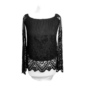 LIPSY Black Floral Lace Top Size 8 Semi Sheer Blouse Lined Bardot Off Shoulder - Picture 1 of 20