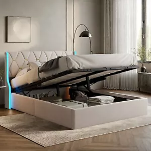 Boxspringbett Doppelbett 140x200 cm Stauraumbett mit LED Hydraulisch Bettkasten - Bild 1 von 12