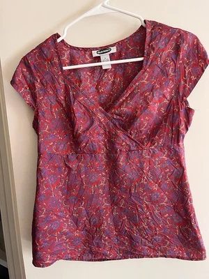 Camisa 100% Seda Linda Rosa Vintage Antigua Azul Marino, Blusa Pequeña Boho Chic Años 2000 Cuello en V Foto 1 de 4