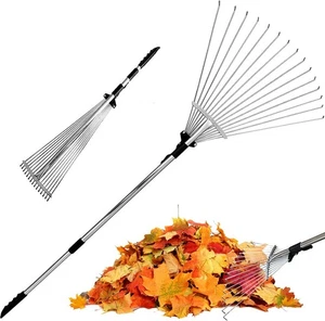 15Teeth Adjustable Metal Rake Telescopic Handle Leaf Rake For Garden Street Lawn - Picture 1 of 18