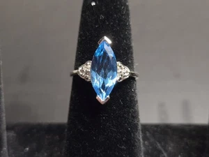 3.64 Ct Blue Topaz & White Topaz Art Deco Solitaire Ring 925 Band, Marquise Cut - Picture 1 of 16