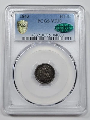1843 H10c Seated Liberty Half Dime PCGS VF30 CAC Green Bean 5c Original *K1002 - Image 1 of 3