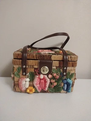 De Colección Años 70 Cartera Bolso de Mano Cesta Tejido Paja Doble Asas Boho Mariposa Flores Foto 1 de 4