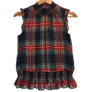 J.CREW Tartan Plaid Sleeveless Blouse Size 2 Red Holiday Preppy Christmas Party - Picture 1 of 7