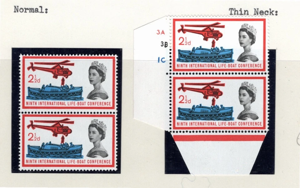 ERROR SG 639a  MISSING NECKLINE 1963 Lifeboat 2 1/2d block of 2 +CYL +SHIFT RED - Image 1 of 1