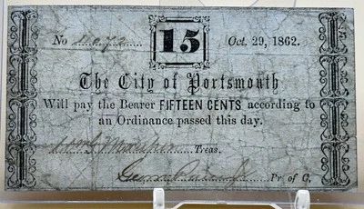 RARE 1862 Fifteen Cents Obsolete Currency - City Of Portsmouth - Image 1 of 2