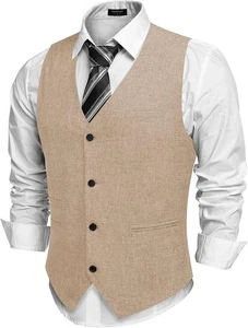 COOFANDY Mens Slim Fit Business Vest Waistcoat Beige Size XL Fits Large Cream - Picture 1 of 6