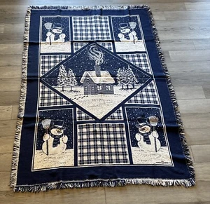 Vintage Throw Blanket 1992 Snowman Christmas Blue And White Blanket 48” X 69” - Picture 1 of 4