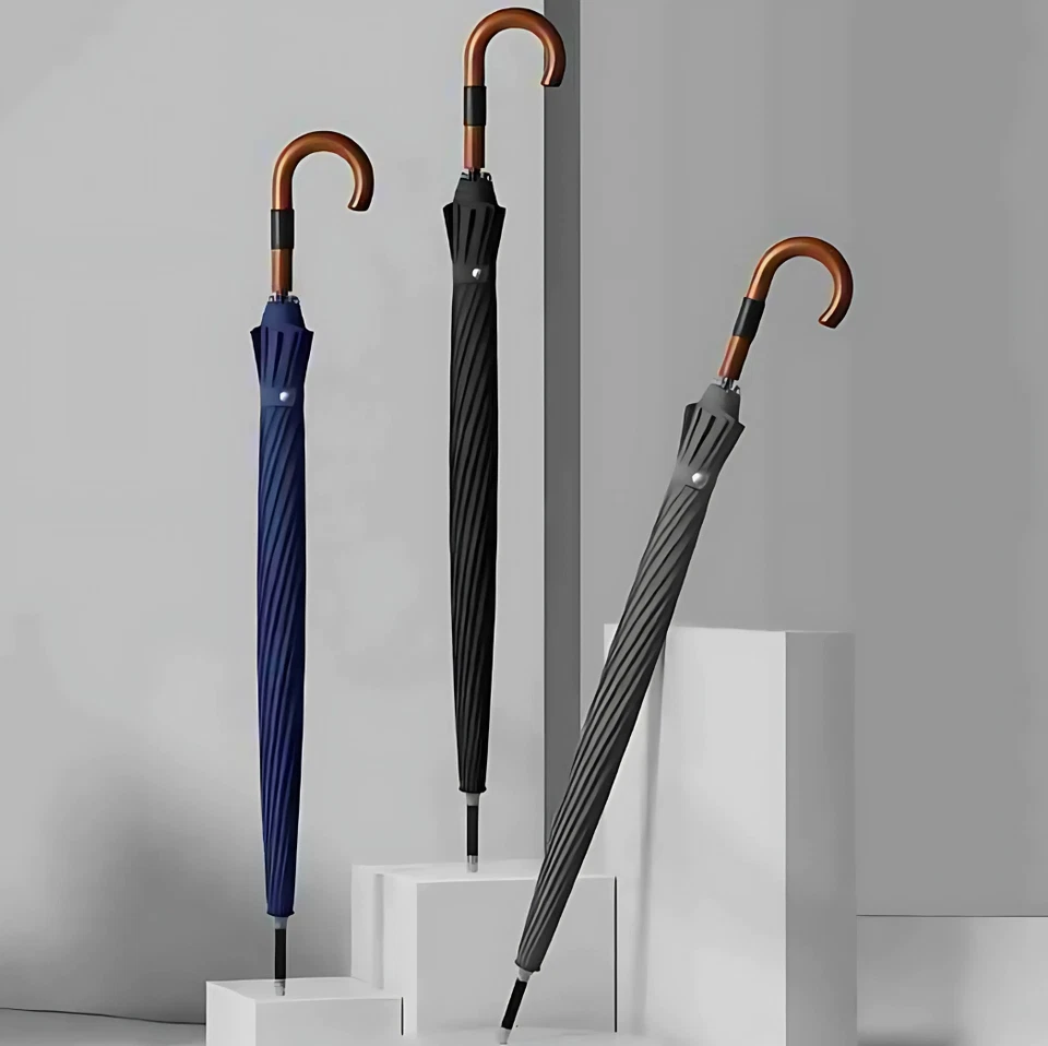 Wood Handle Umbrella Solid Curved 16 Spokes Windproof Large Automatic Cedar® - Image 1 of 4