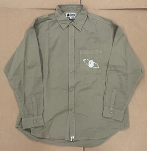 A BATHING APE BAPE BUSY WORKS LOGO BUTTON UP SHIRT TAN BEIGE WHITE SZ XL - Picture 1 of 2
