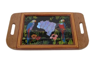 Brasil Parrots Lacquered Decor Butterfly Wings Inlay Iridescent VTG Wooden Tray - Picture 1 of 10