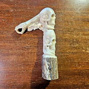  Manico per bastone da passeggio bastone da collezione corno di cervo teschi serpente - Foto 1 di 9