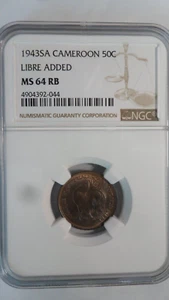 French Equatorial Africa 50 Centimes Libre, 1943, NGC MS 64 RB / misgraded - Picture 1 of 4