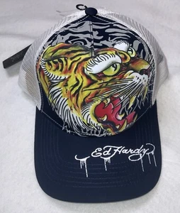 Ed Hardy Men’s Tiger White Navy Blue Bill Trucker Cap Hat Snapback OSFA New - Picture 1 of 8