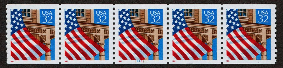 USA, SCOTT # 2913, STRIP OF 5 PNC # 11111 OF FLAG OVER PORCH, SHINY GUM, MNH - Image 1 of 1
