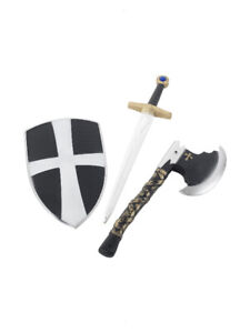 Children's Boys Knight Fancy Dress 3 Piece Set Sword, Shield & Axe Crusader Toy