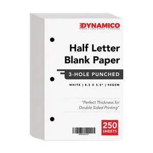 3 Hole Punched Bright White Blank Paper, 8.5 x 5.5, 24w, 3 Ring Binder Refill - Picture 1 of 8