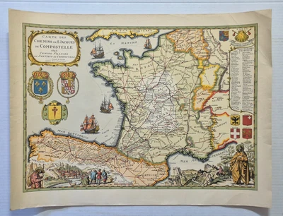 Mapa antiguo Chemins de St. Jacques de compostell 1648, reproducción de finales de 1800 Foto 1 de 4