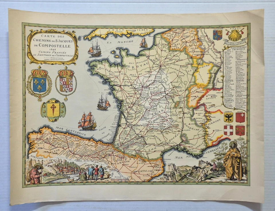 Antique Chemins de ST. Jacques de compostell 1648 Map, Late 1800s reproduction - Image 1 of 4