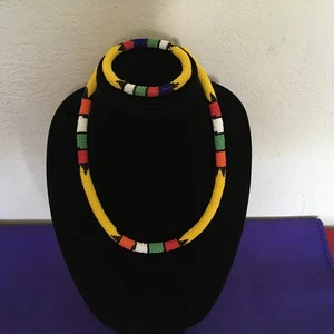 VTG African Maasai Masai Tribal Glass Seeds Beadwork Collar Necklace & Bracelet - Picture 1 of 4
