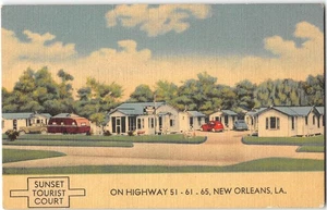 NEW ORLEANS Roadside SUNSET TOURIST COURT Louisiana 1940s Linen Vintage Postcard - Picture 1 of 2