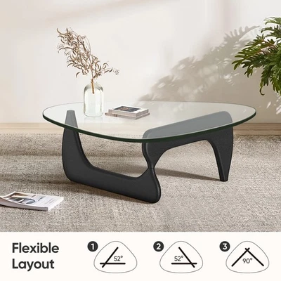 Noguchi Style Coffee Table 0.8" Triangle Glass Top Solid Haredwood Base Black - Image 1 of 4