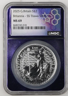 2025 Great Britain Britannia 1 oz .999 Silver SS Tilawa Privy ~ NGC MS69 Purple - Image 1 of 2