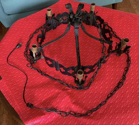 Antique Gothic Wrought Iron Chandelier 5 Light Fixture, 9” Chain Cover