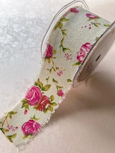 Burlap ribbon printed with vintage rose. 50mms width. 9metres length - Picture 1 of 4