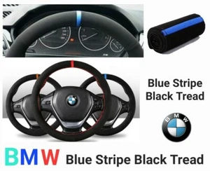 BMW ALCANTARA STEERING WHEEL COVER BLUE STRIPE & BLACK TREAD STICHES - Picture 1 of 9
