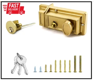 QWORK Night Latch Deadbolt Rim Lock with Key Gold Finish Antique Style Lock with - Picture 1 of 2