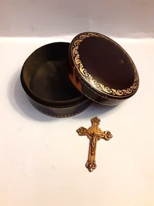 Vintage Rococo Bronze Gilded Metal Pocket Cross w/Italian Leather Box - Picture 1 of 14