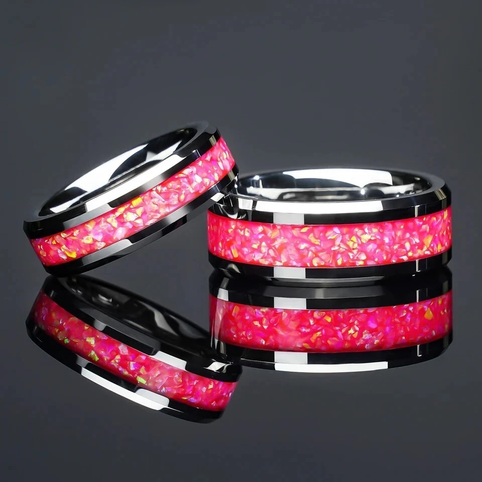 6/8MM Pink Opal Tungsten Carbide Ring Band for Couple Wedding Him & Her Ring - Image 1 of 4