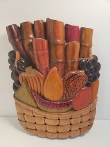 Hand Carved Hand Painted Solid Wood Fruit Basket Wall Hanging Decor - Picture 1 of 11