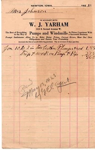 Pumpen & Windmühlen Quittung W J Yarman Newton Iowa 15. Mai 1923 - Bild 1 von 1