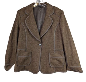 Ellen Tracy Blazer Jacket Brown Speckled Tweed Wool Alpaca Faux Leather Trim 12 - Picture 1 of 12