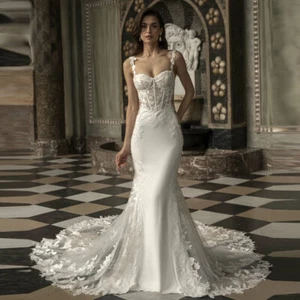 Lace Mermaid Wedding Dresses Spaghetti Straps Appliques Backless Bridal Gowns - Picture 1 of 7