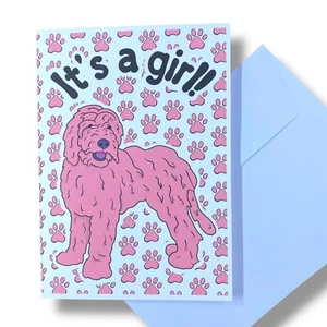 Goldendoodle Dog Its a Girl Announcement Card Handmade Baby Shower Gift 5x7" - Picture 1 of 5