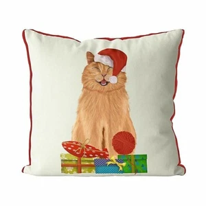FABFUNKY LTD., CHRISTMAS CAT with GIFTS CUSHION / PILLOW COVER, 18" x 18", NEW - Picture 1 of 6