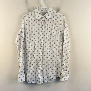 Bitten Womens Large Blouse Top Shirt White Blue Floral Cotton Button 18170 - Picture 1 of 9