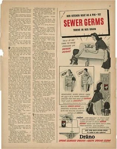 Vintage 1943 Drano Sewer Germs Ad from McCalls 1943 Opens Clogged Drains - Picture 1 of 1