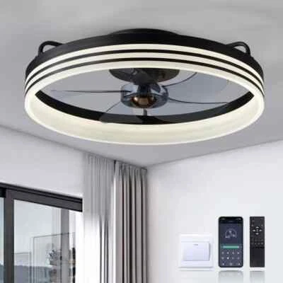 FANNEHONNE 20 in. Ventilador de techo interior LED integrado negro moderno de bajo perfil Foto 1 de 4