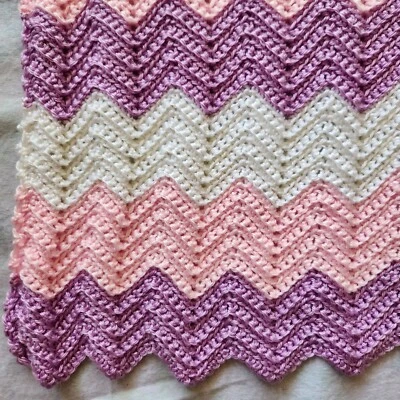 Crocheted Chevron Pink/White/Lavender Baby Blanket Handmade Afghan 40"x31" - Image 1 of 4